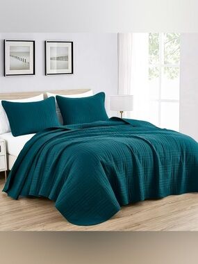 Teal Quilted king 3 piece Bedspread Set - Bedcover with Shams